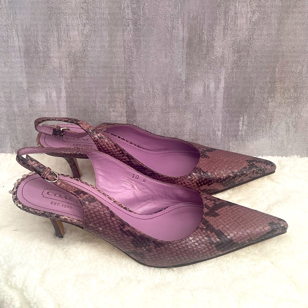 Coach Alena Snakeskin Purple Leather Pointy Slingbacks Heels Womens Size 10